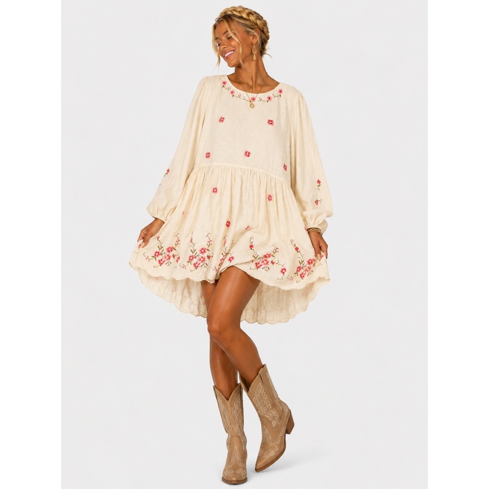 Caroline Constas Ivory Linen Floral Embroidered Babydoll Mini Dress L NWT NEW